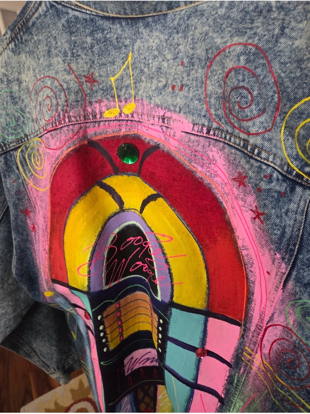 Vintage Hand-Painted Acid Wash Denim Jacket with Neon Piano & Sax Art - Picture 7 of 13